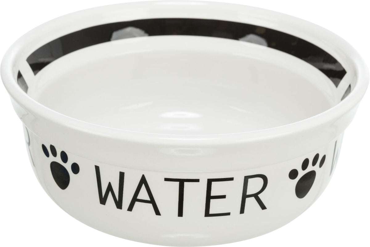 Weiße Schüssel mit schwarzem Rand und Pfotenabdrücken, Text "WATER" in Schwarz auf der Seite.