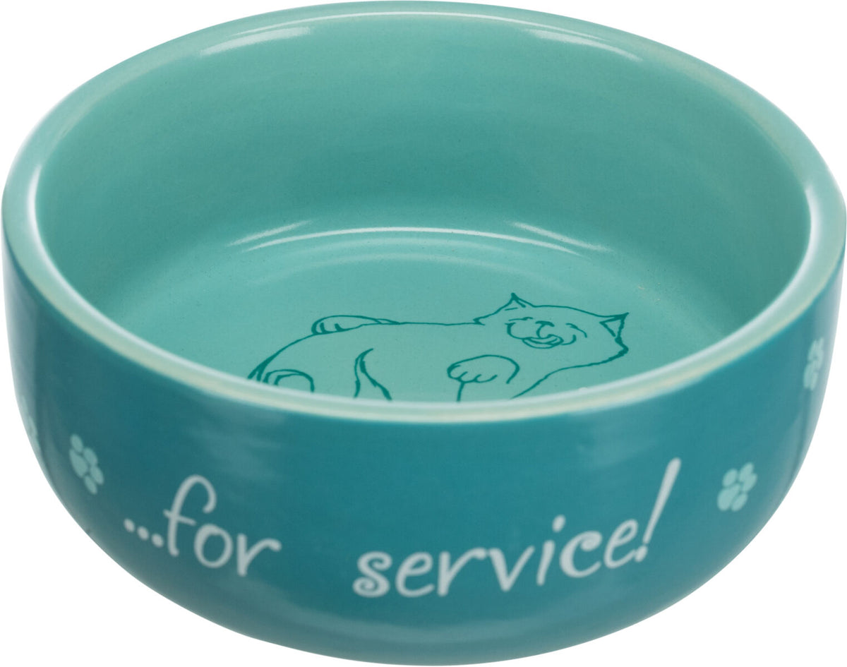 Türkise Schale mit zeichnerischem Katzendruck innen und der Aufschrift "...for service!" außen.