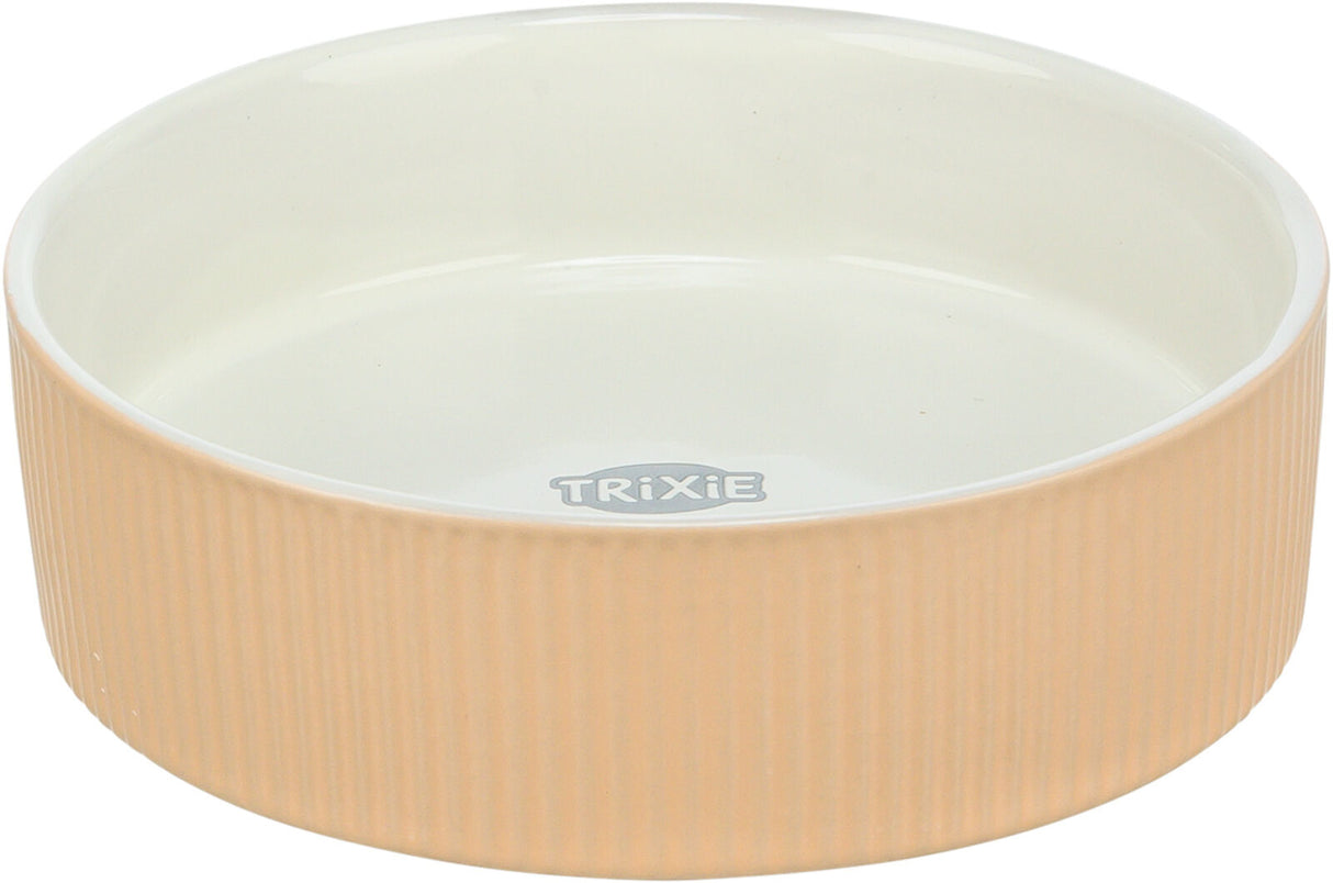 Runde, beige Schale mit geriffelter Außenseite und glatter, weißer Innenseite, "TRIXIE"-Logo sichtbar.