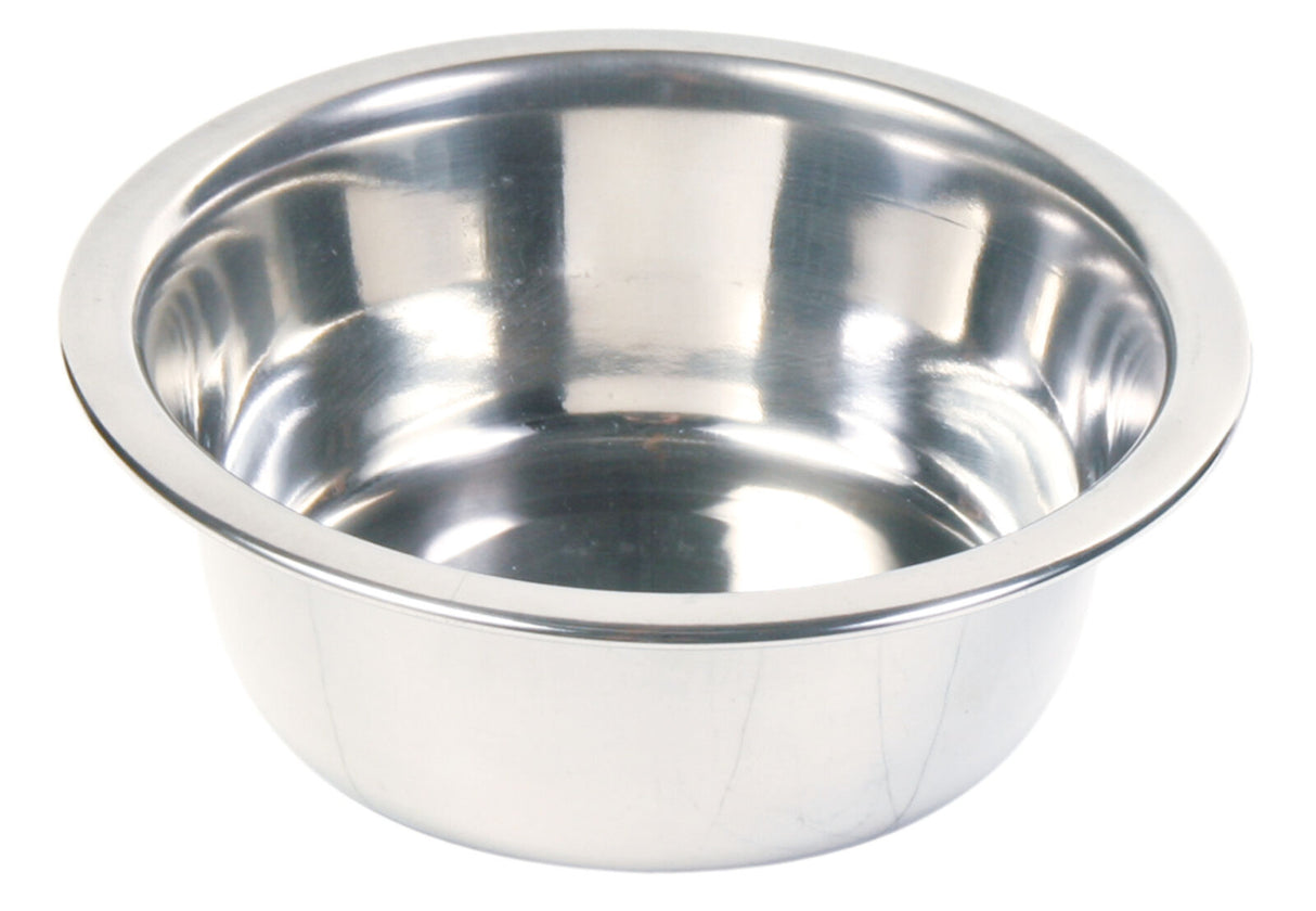 Metallschüssel aus glänzendem Edelstahl mit breitem Rand und runder Form.