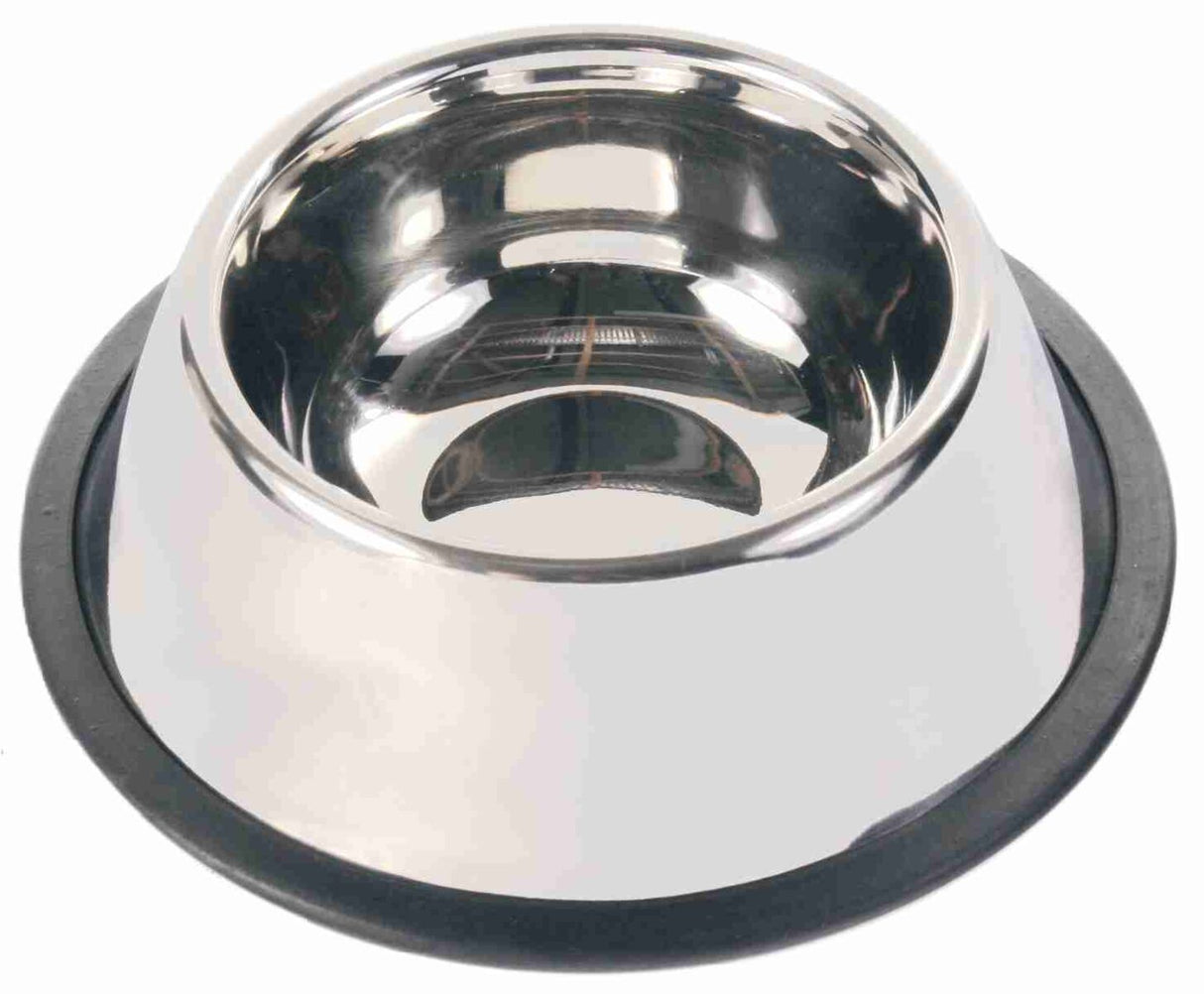 Metallnapf mit glänzender Oberfläche, rund, mit schwarzem rutschfestem Rand.