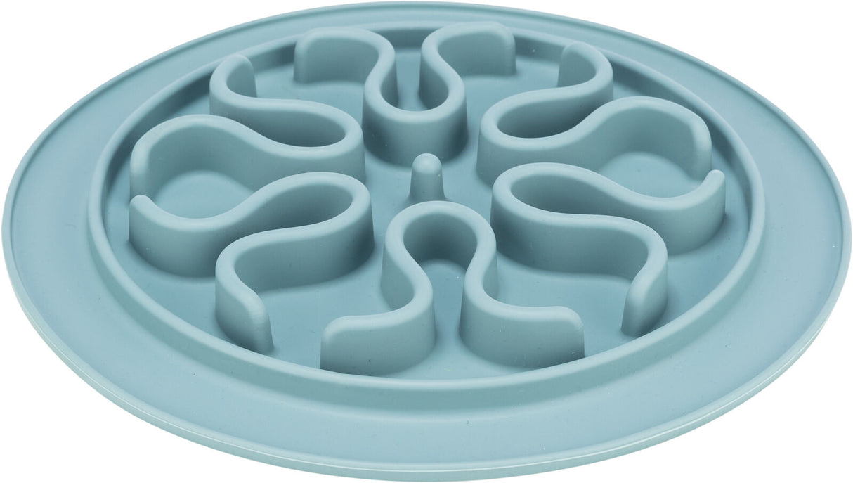 Runde türkise Silikonmatte mit erhöhten, geschwungenen Barrieren in einem spiralförmigen Design.