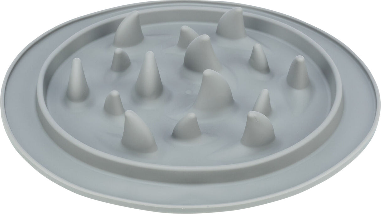 Runde, graue Kunststoff-Schale mit mehreren spitzen Erhebungen innen, ähnlich einem Antischlingnapf.