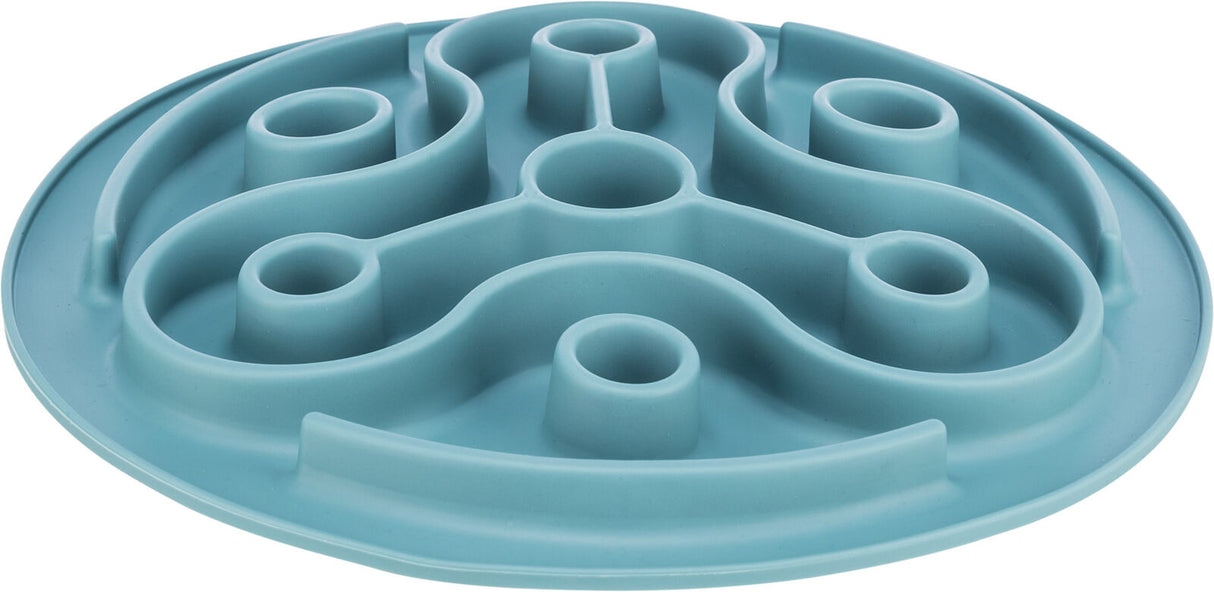 Rundes, blaues Labyrinth-Design mit erhöhten Kanten und Wänden, flach auf einer Oberfläche liegend.