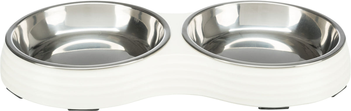 Doppelnapf aus Metall in weißem Gestell, zwei runde Edelstahl-Schalen nebeneinander, matte Oberfläche.