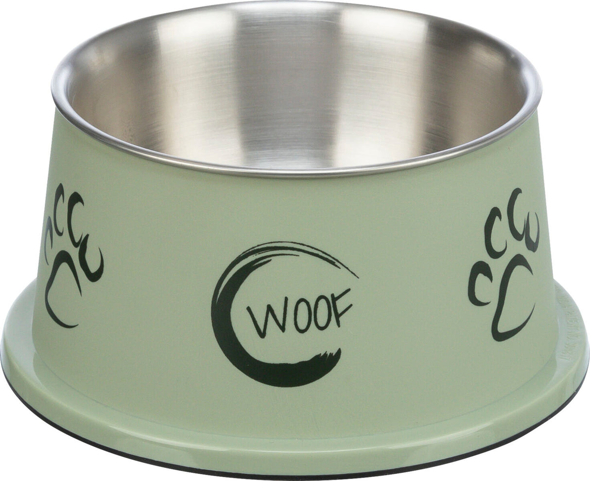Grüne Futterschüssel mit Edelstahlauskleidung, Pfotenabdrücken und dem Wort "Woof" in schwarzer Schrift.