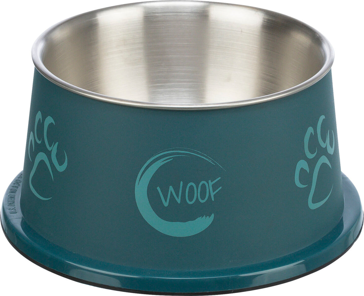 Futternapf aus Edelstahl mit blauer Außenseite und Pfotenabdrücken, mittig steht "Woof".