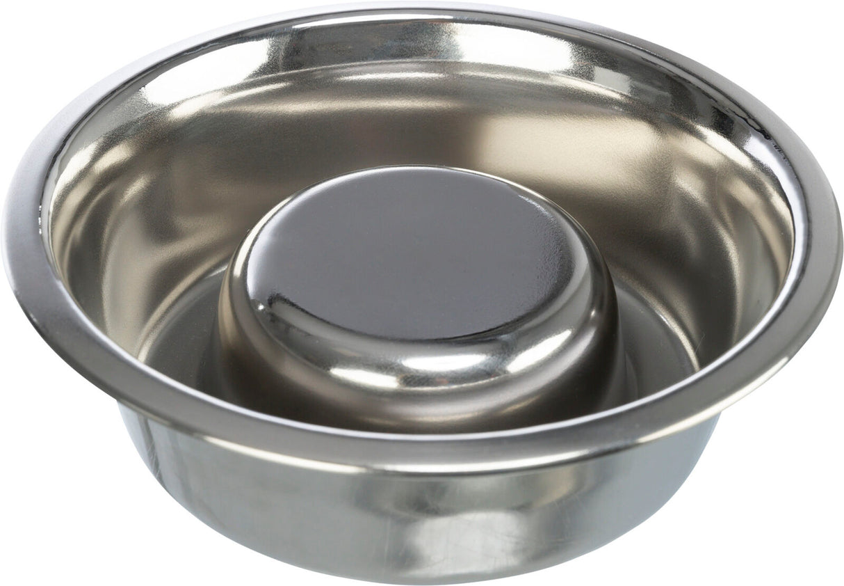 Metallschüssel mit erhöhtem Mittelteil und glänzender Oberfläche, in silberner Farbe.