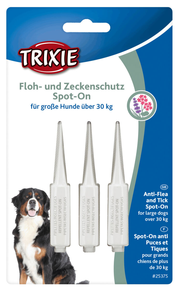 Verpackung von Trixie Floh- und Zeckenschutz Spot-On für Hunde über 30 kg mit Bild eines Hundes und drei Pipetten.