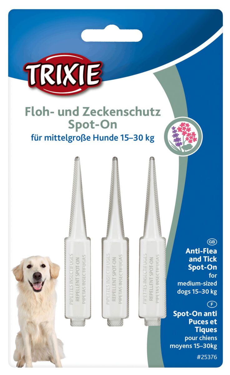 Verpackung für Floh- und Zeckenschutz Spot-On für mittelgroße Hunde mit drei Ampullen und lächelndem Hund.