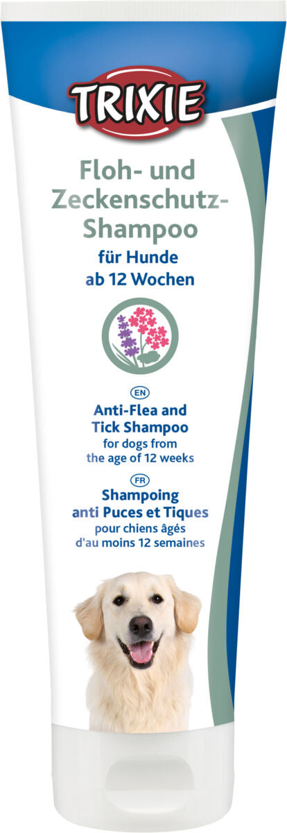 Hundeshampoo-Verpackung von Trixie für Floh- und Zeckenschutz, geeignet für Hunde ab 12 Wochen, mit Hundebild.