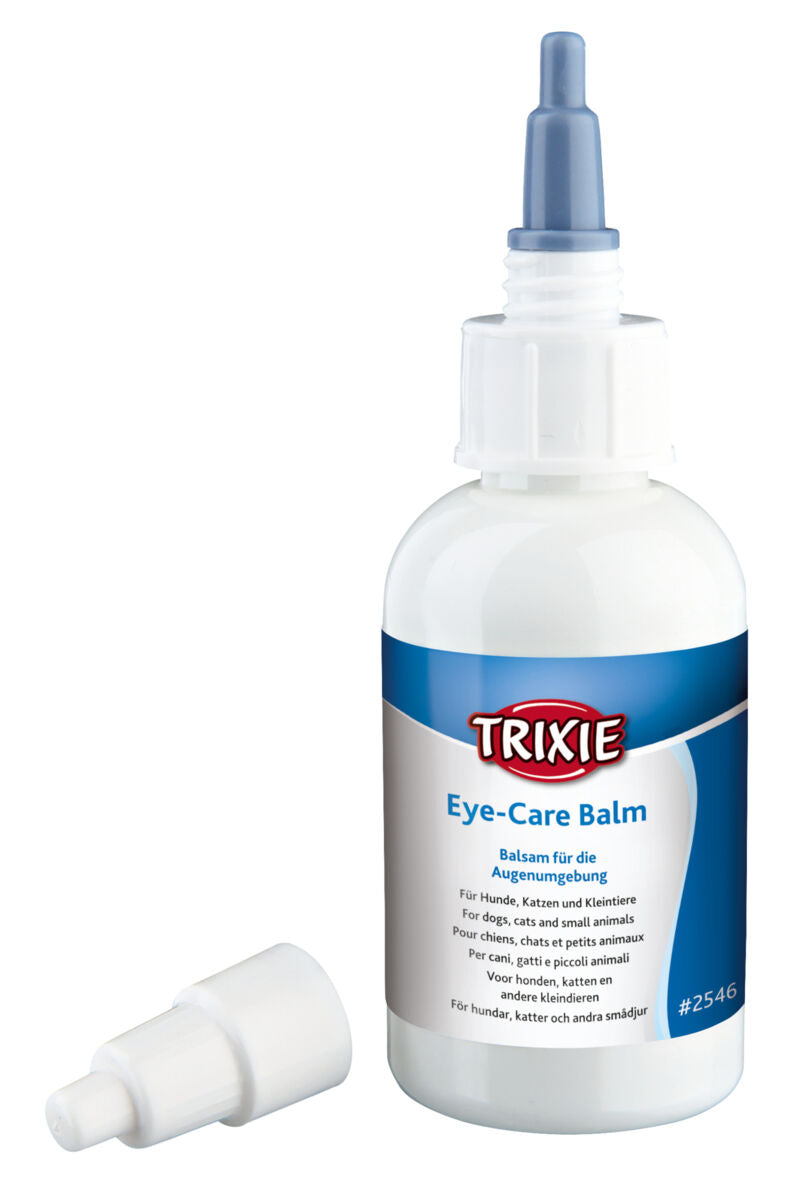 Weiße Flasche mit blauer Spitze und abgenommenem weißen Deckel, Trixie Eye-Care Balm für Tiere.