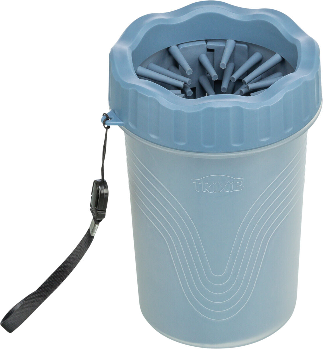 Blauer Behälter mit flexiblen Stäben im Inneren und einem schwarzen Band an der Seite, mit dem Schriftzug "TRIXIE".