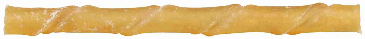 Eine gedrehte, beige Röhre mit glatter Oberfläche und vereinzelten weißen Flecken vor weißem Hintergrund.