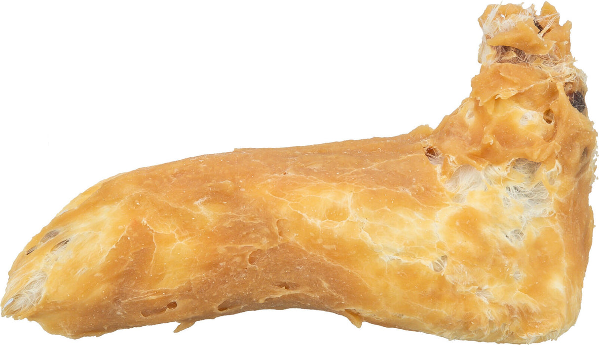 Ein großer, unregelmäßig geformter, goldbrauner Knochen mit einer rauen Oberfläche und weißlichen Fasern.