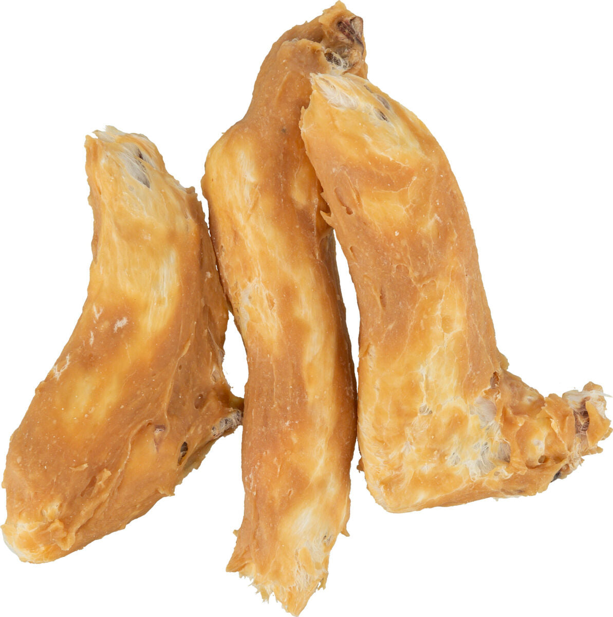 Drei goldbraune, knochenförmige Objekte mit faseriger Struktur auf weißem Hintergrund.