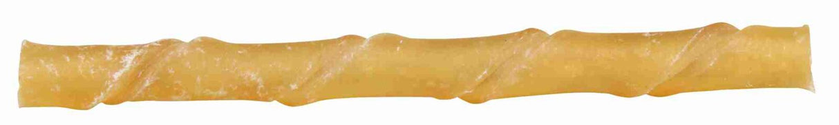 Langes, gedrehtes, blassgelbes Objekt mit glatter Oberfläche, möglicherweise ein Kausnack für Hunde.