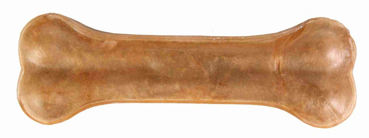 Brauner knochenförmiger Kauknochen aus gepresstem Material, Oberfläche glatt und glänzend.