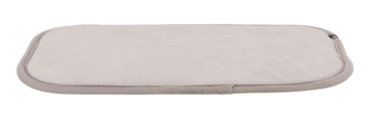 Rechteckige, beige Matte mit abgerundeten Ecken und weichem Rand, flach liegend.