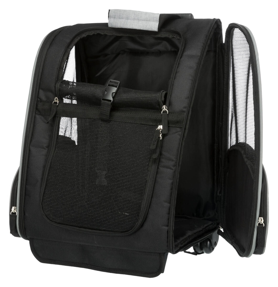 Schwarzer Transport-Rucksack mit Netzfenster, Reißverschlüssen und Griff an der Oberseite.