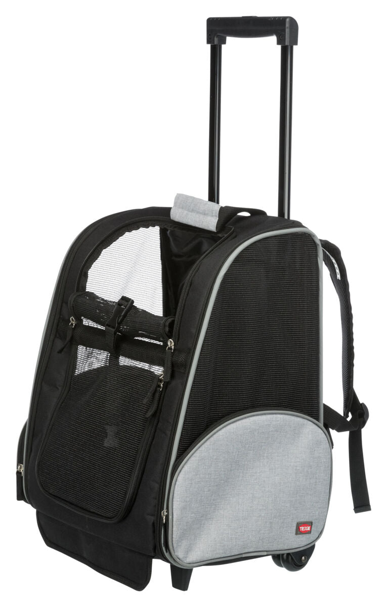 Schwarzer Trolley-Rucksack mit ausziehbarem Griff und Netzbelüftungspanelen, graue Seitentasche.