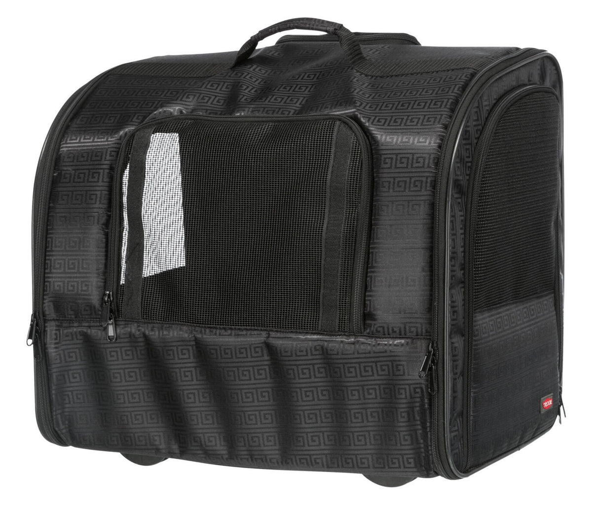 Schwarze Transporttasche mit geometrischem Muster, Netzfenstern und einem Griff oben, frontal betrachtet.