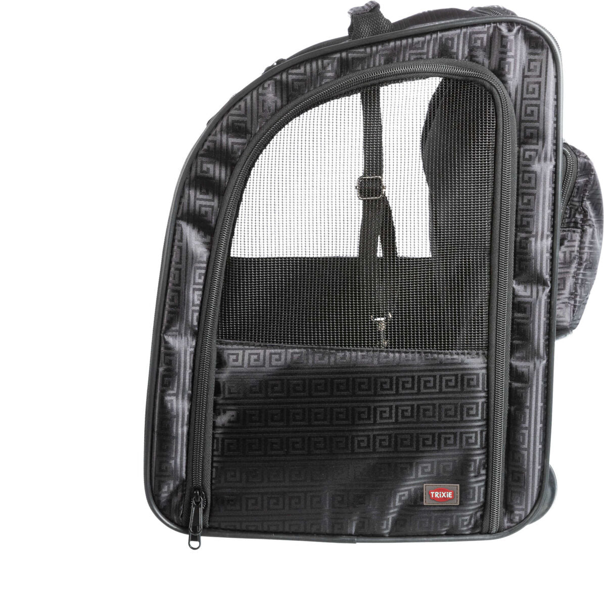 Schwarzer Rucksack mit Gitterfenster und geometrischem Muster, geeignet als Transportlösung.