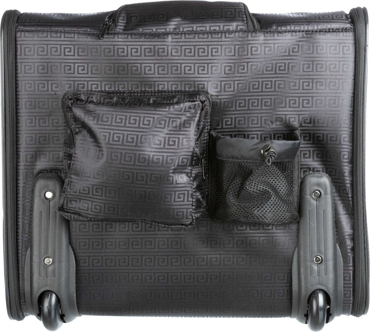 Schwarze rollbare Tasche mit griechischem Muster, zwei Rädern, Vordertasche mit Reißverschluss und Netztasche.