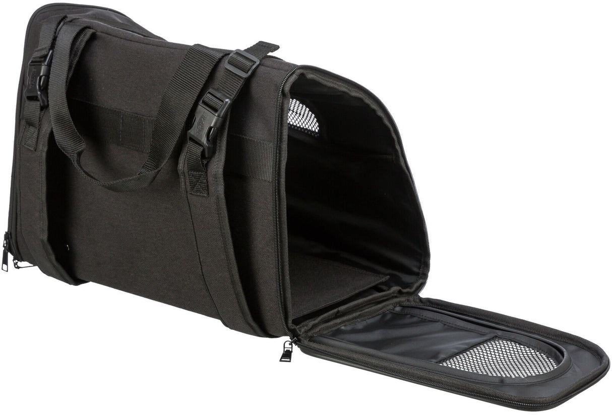 Schwarze Tasche mit Reißverschlüssen und Gurten, geöffnet mit seitlichem Netzfenster und Griffen.