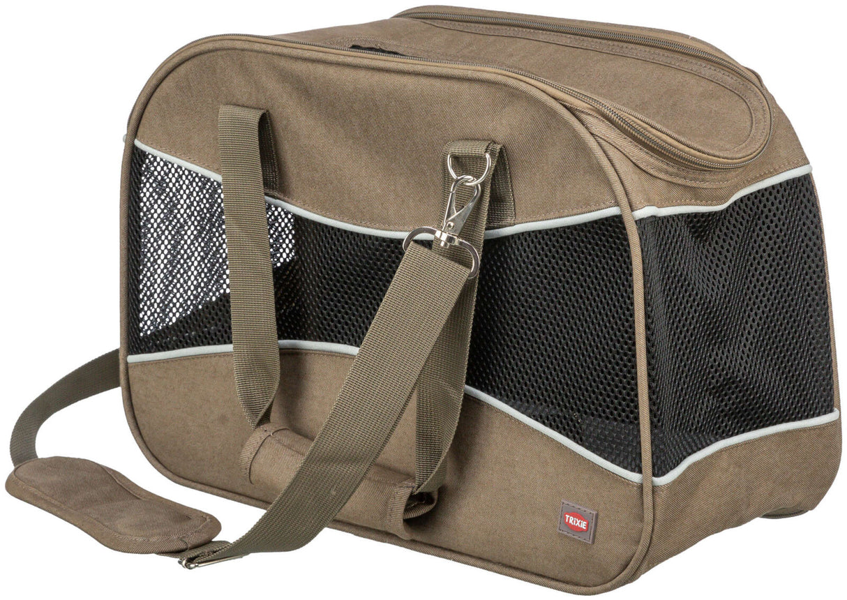 Braune Tragetasche mit schwarzem Netz, Reißverschluss oben, Tragegurt und Trixie-Label unten rechts.
