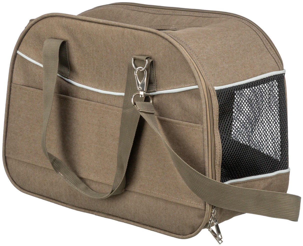 Khakifarbene Tasche mit Tragegriffen, Reißverschluss und schwarzem Netzfenster seitlich.