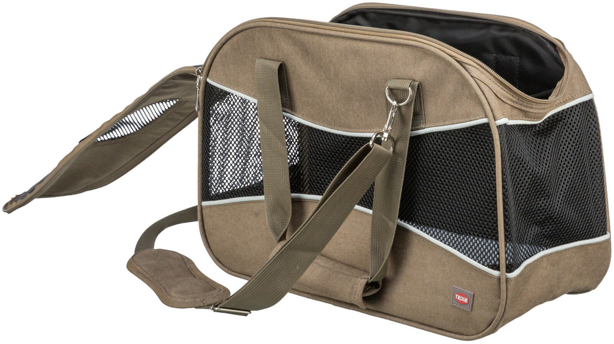 Beige Tragetasche mit Netzfenstern und stabilem Tragegurt, geöffnet und seitlich verziert mit "TRIXIE"-Logo.