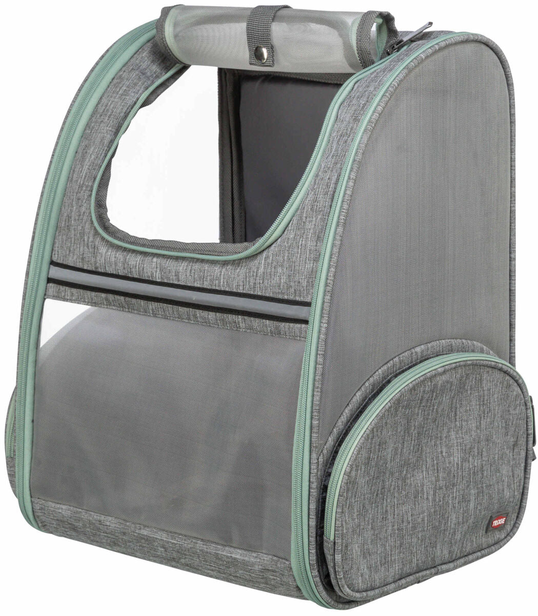 Grau-grüner, aufrecht stehender Rucksack mit Mesh-Einsätzen und oberen sowie seitlichen Reißverschlüssen.