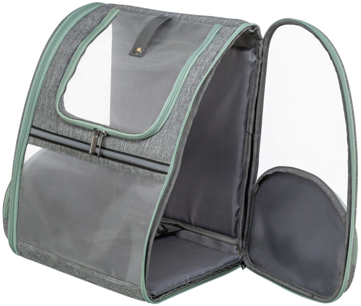 Grau-grüner Faltbehälter mit durchsichtigen Kunststoffelementen und Reißverschlüssen, eine Seite offen.