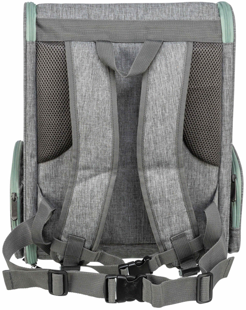 Grauer Rucksack mit verstellbaren Trägern und Netzpolsterung, seitlichen Reißverschlüssen und grünem Rand.