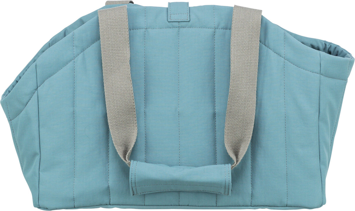 Blaue Tragetasche mit breiten, beigefarbenen Riemen und gestepptem Design.
