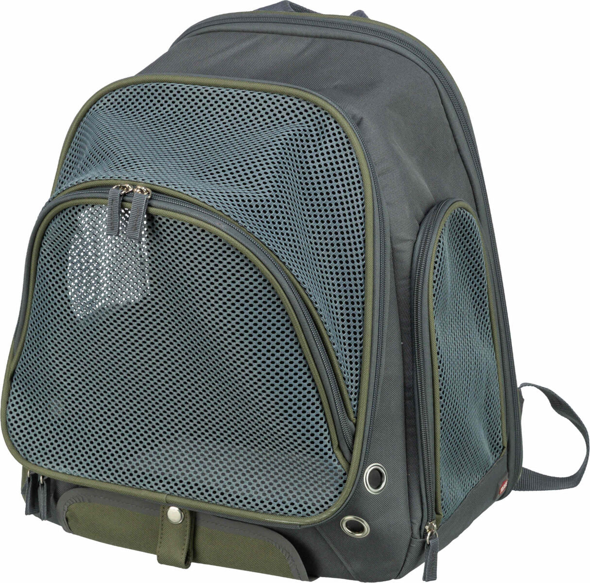 Grauer Rucksack mit grünen Akzenten und Mesh-Einsätzen, rechteckige Form mit Reißverschlüssen und Ösen.