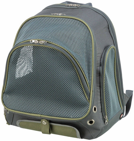 Grauer Rucksack mit grünem Rand und mehreren Netzeinsätzen, Reißverschlüssen und runden Lüftungsöffnungen.