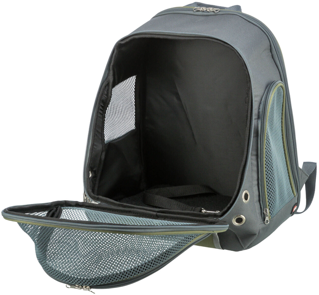 Grauer Transport-Rucksack mit offenen Mesh-Seitenteilen und -Front, Innenseite schwarz, Reißverschlüsse sichtbar.