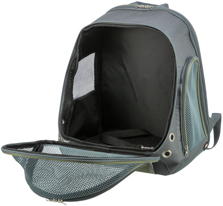 Grauer Transport-Rucksack mit offenen Mesh-Seitenteilen und -Front, Innenseite schwarz, Reißverschlüsse sichtbar.