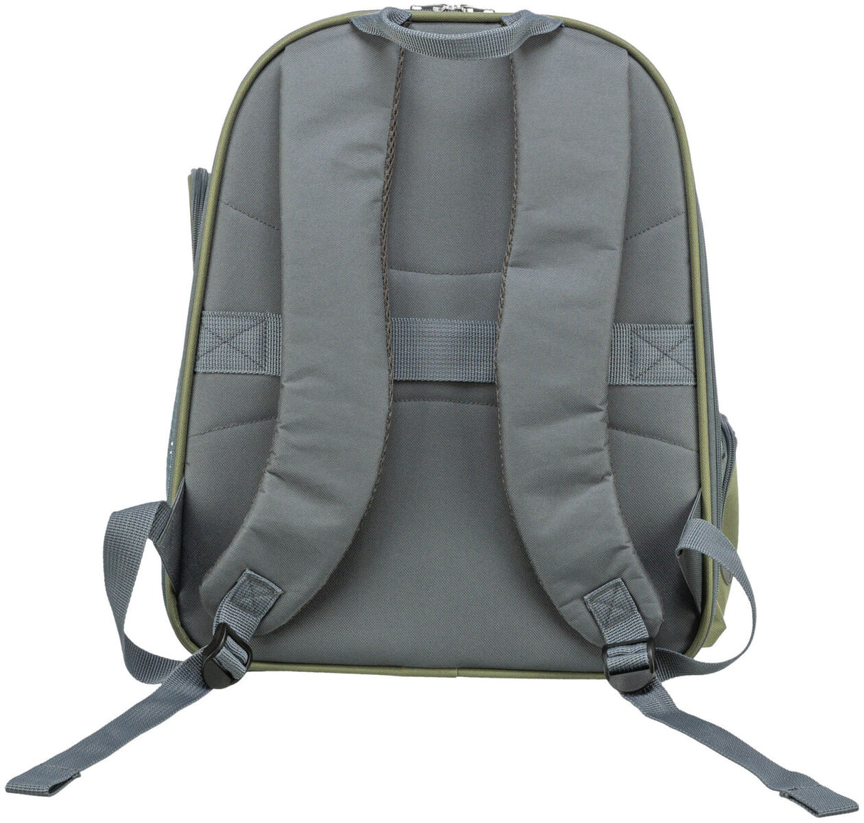 Grauer Rucksack von hinten mit gepolsterten Trägern und verstellbaren Gurten vor weißem Hintergrund.