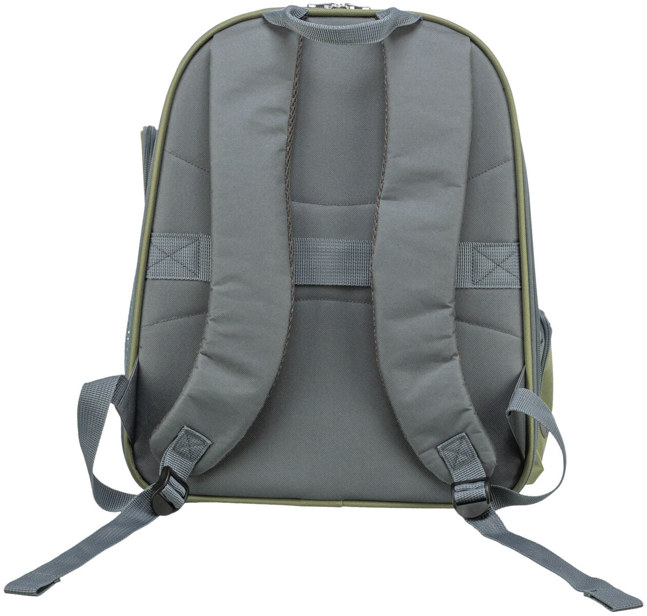 Grauer Rucksack von hinten mit gepolsterten Trägern und verstellbaren Gurten vor weißem Hintergrund.