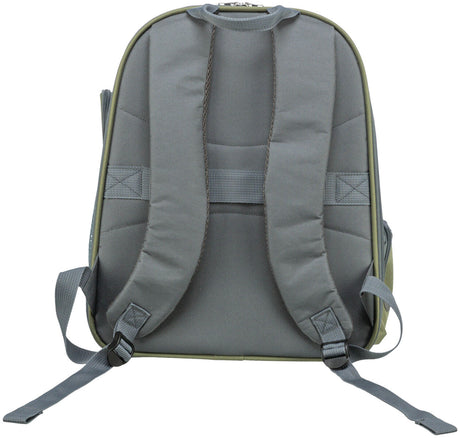 Grauer Rucksack von hinten mit gepolsterten Trägern und verstellbaren Gurten vor weißem Hintergrund.