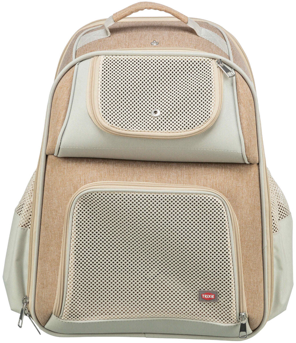 Beiger Rucksack mit mehreren Taschen und Belüftungsgittern, vorne deutlich sichtbar der Markenname Trixie.