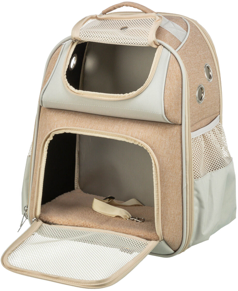 Beiger Transport-Rucksack mit Netzfenstern, Tragegriff und geöffnetem Einstieg, innen gepolstert mit Befestigung.