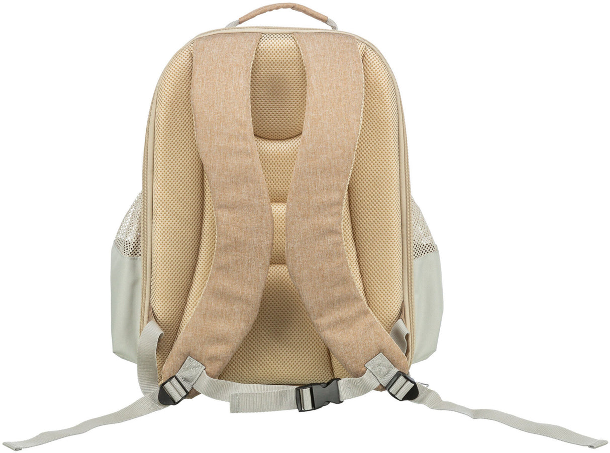 Beiger Rucksack mit gepolsterten Schultergurten und Netzstoff an den Seiten, Rückansicht sichtbar.