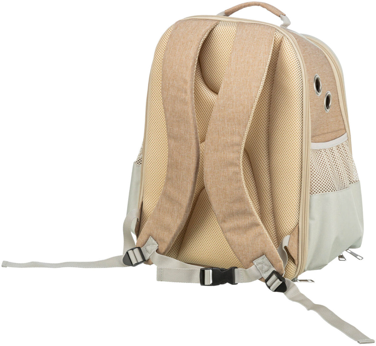 Beigefarbener Rucksack mit gepolsterten Trägern und zwei runden Belüftungsöffnungen auf der Rückseite.