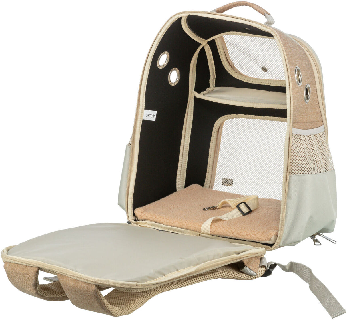 Beiger Rucksack mit offener Klappe, mehreren Netzeinsätzen und Belüftungslöchern, innen mit weicher Matte.