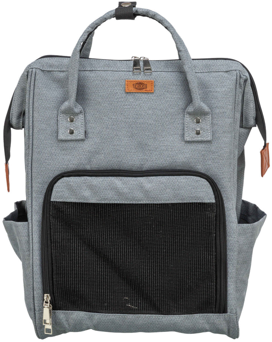 Grauer Rucksack mit zwei Tragegriffen, vorderer Netzbereich und Reißverschlüssen, Label "TRIXIE" oben.