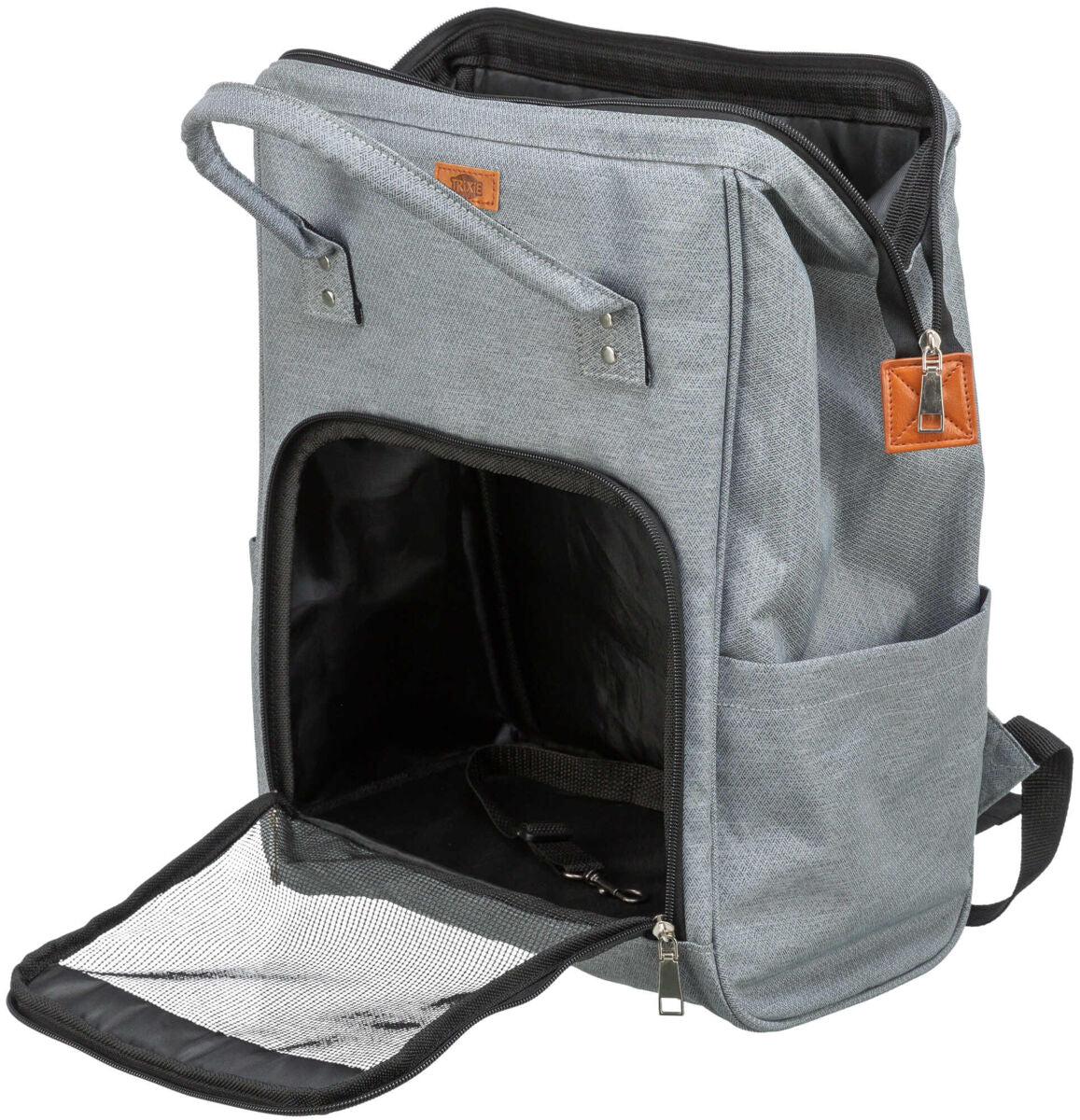 Grauer Transport-Rucksack mit geöffnetem Netz-Reißverschluss, zwei Tragegriffen und seitlicher Tasche.